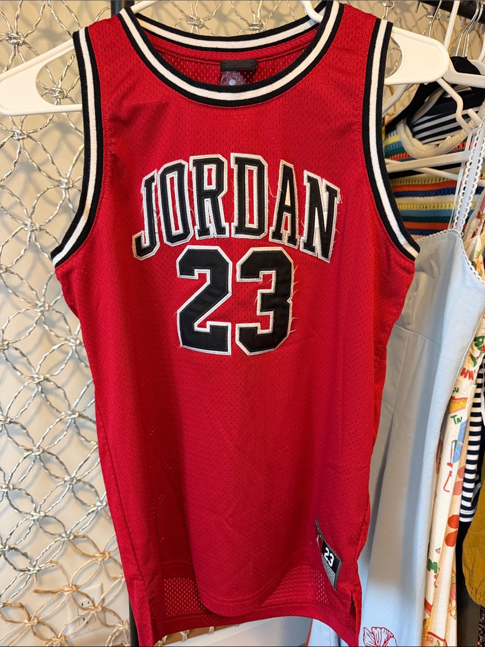 Jordan Red Mesh Basketball Jersey with Black & White Accents